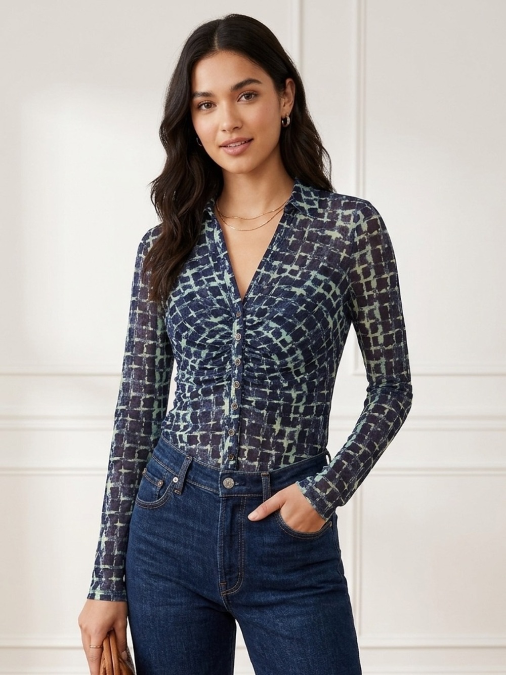 Free People Black & Mint Grid Button-Down Twist Front Top